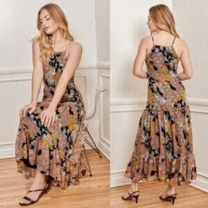 Lulu's Wonderful Memories Black Floral Jacquard Chiffon Tiered Midi Dress Sz XS